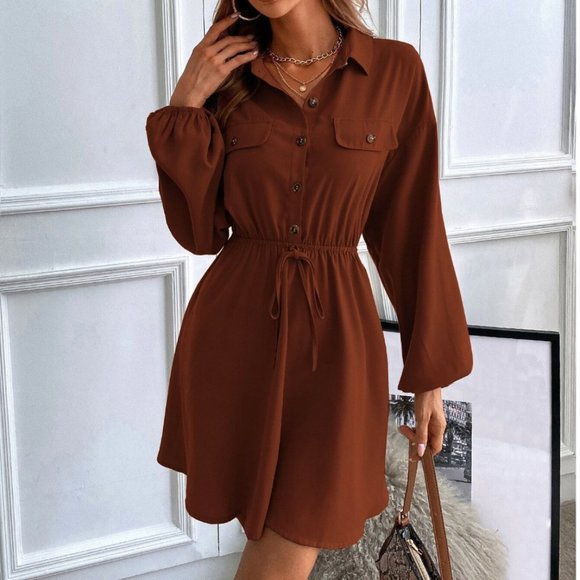 Lantern Sleeve Shirt Dress Without Belt - Picture 3 of 6